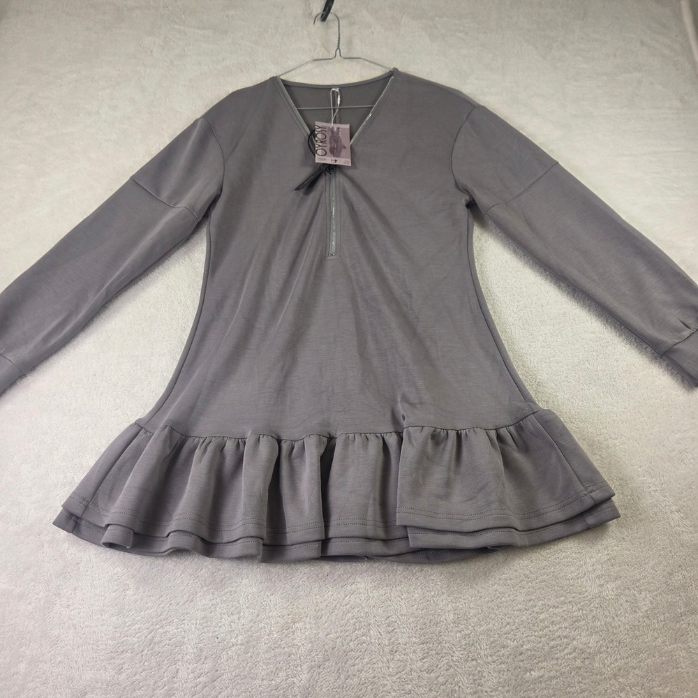Oyrosy Grey Long Sleeve Ruffle Hem Mini Dress Zip Front V-Neck Casual NEW
